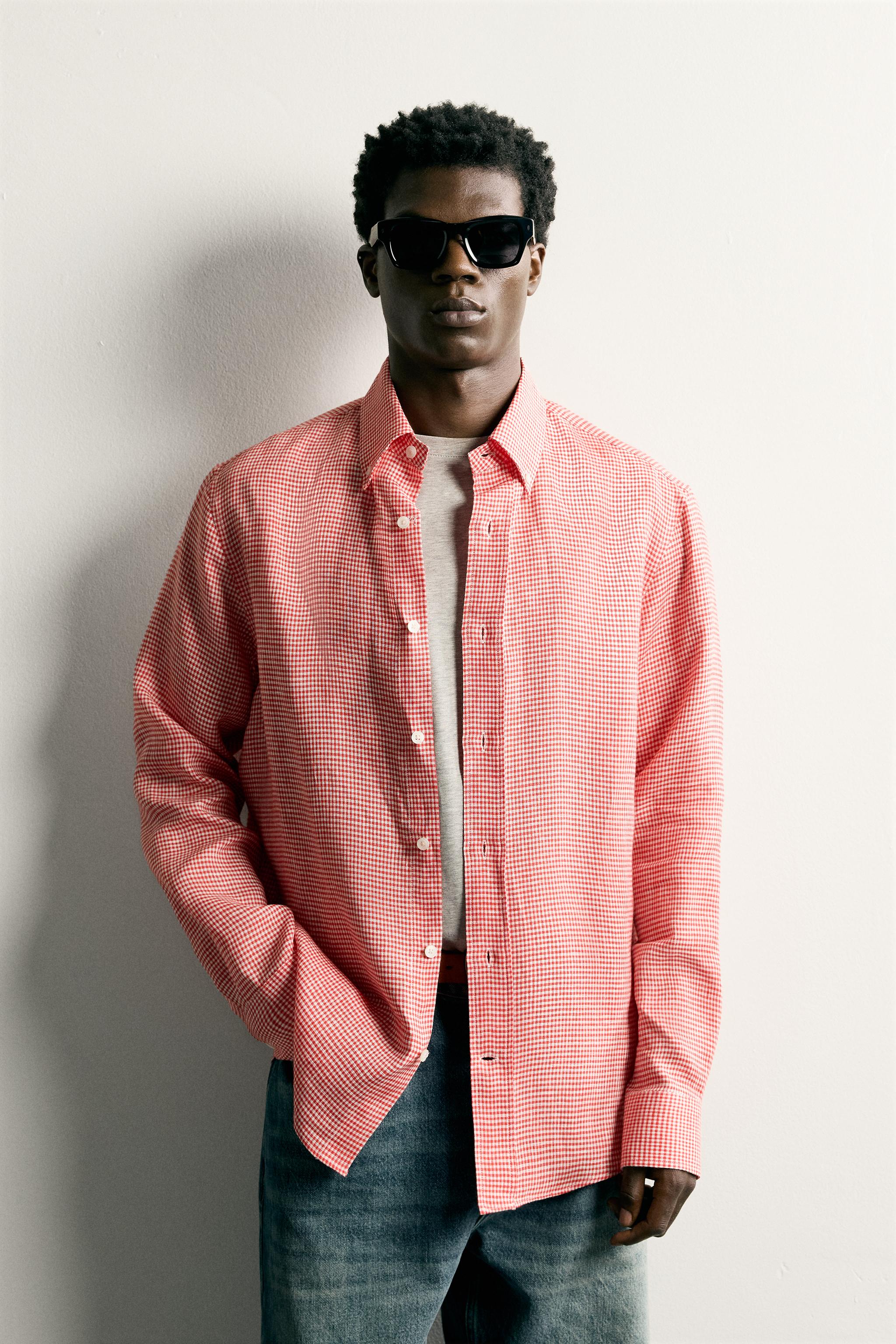 100% LINEN REGULAR FIT PLAID SHIRT