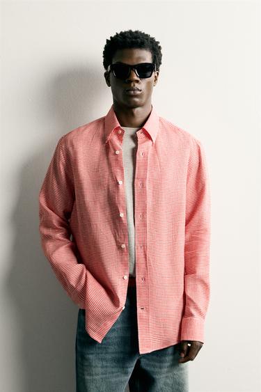 100% LINEN CHECK REGULAR FIT SHIRT - Red by Zara