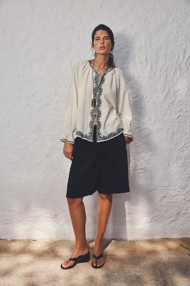 CONTRAST EMBROIDERY SHIRT - Ecru by Zara