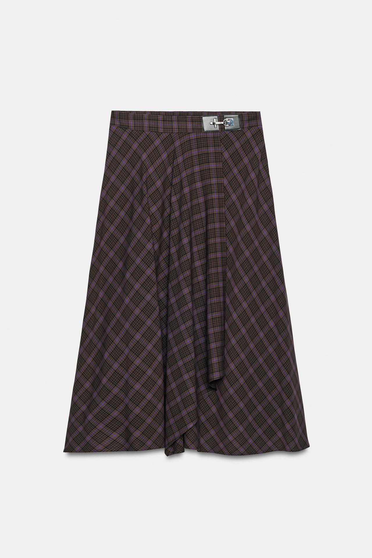 CHECKED HARDWARE MIDI SKIRT — Brown
