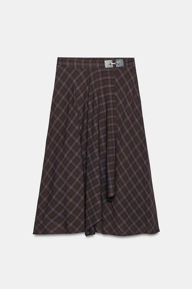CHECKED HARDWARE MIDI SKIRT — Brown 2