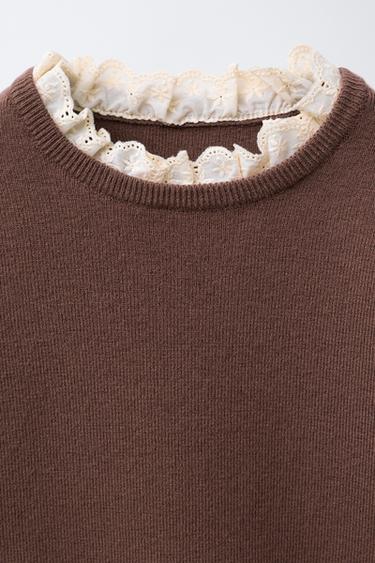 KNIT SWEATER WITH EMBROIDERY AND LACE TRIM - Chocolate de Zara - Image 2