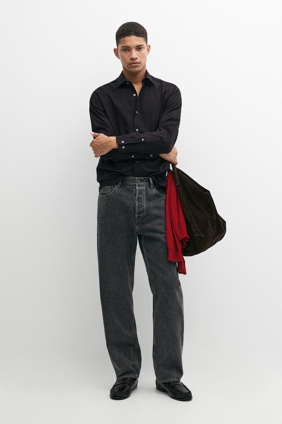 Zara 100% cotton twill regular fit shirt - Navy blue - Image 0