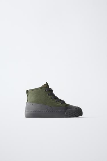 ZARA TIMELESS - LEATHER AND SPLIT SUEDE HIGH-TOP SNEAKERS - Khaki Green by Zara