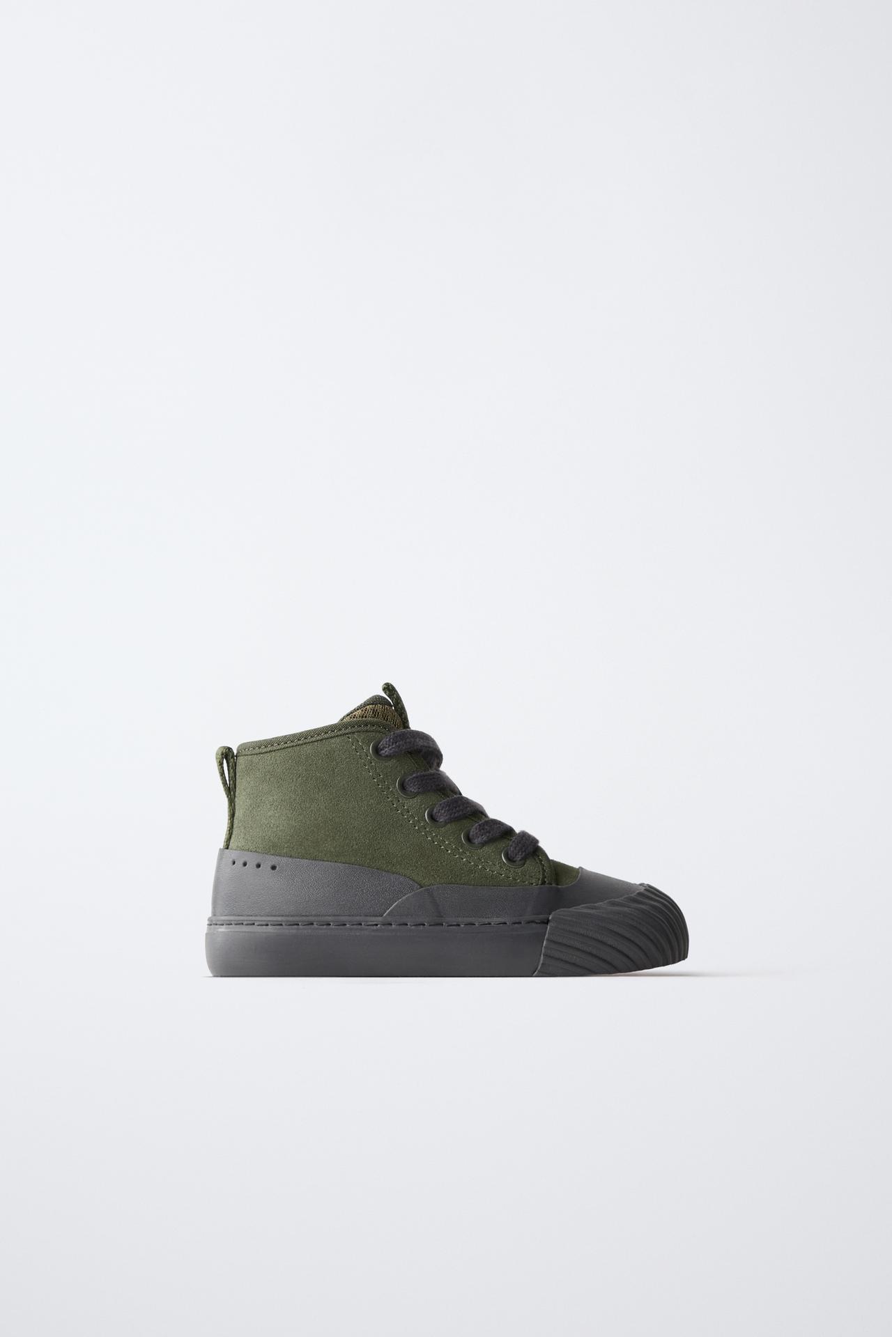 ZARA TIMELESS - LEATHER SUEDE BOOTIE SNEAKERS — Khaki Green