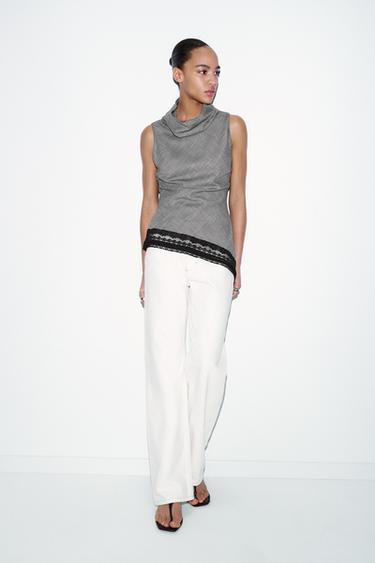 ASYMMETRIC HOUNDSTOOTH HEM LACE TOP - Black / Ecru by Zara