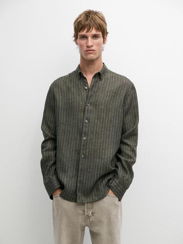 Camisa fluida rayas lino - Verde vigoré de Zara