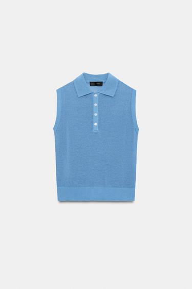 KNIT SLEEVELESS POLO SHIRT - Blue by Zara