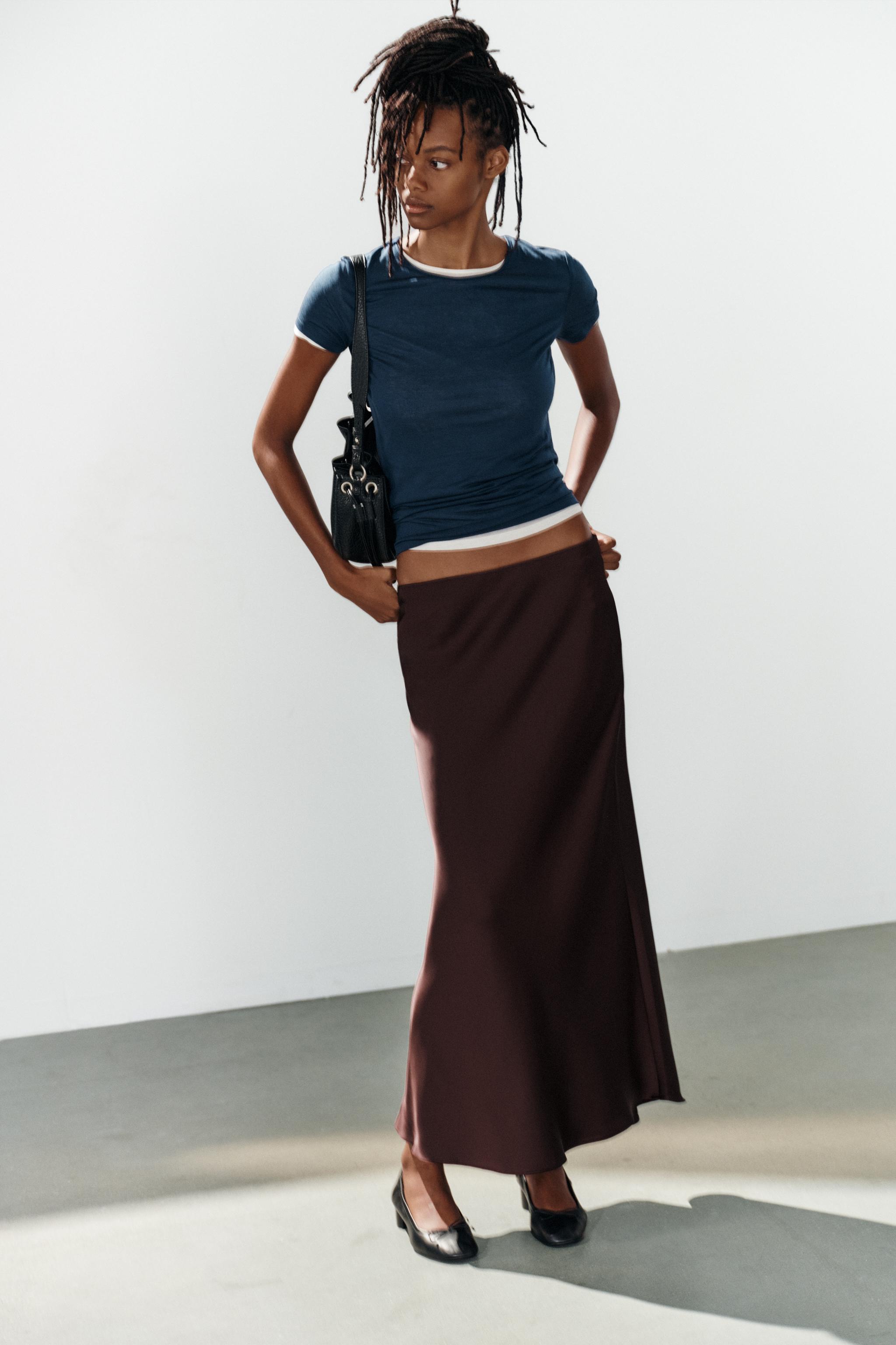 SATIN EFFECT MIDI SKIRT — Burgundy