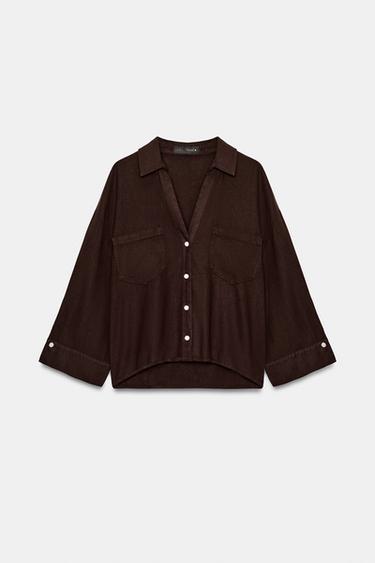 CAMISA FLUIDA CON LINO - Marrón de Zara
