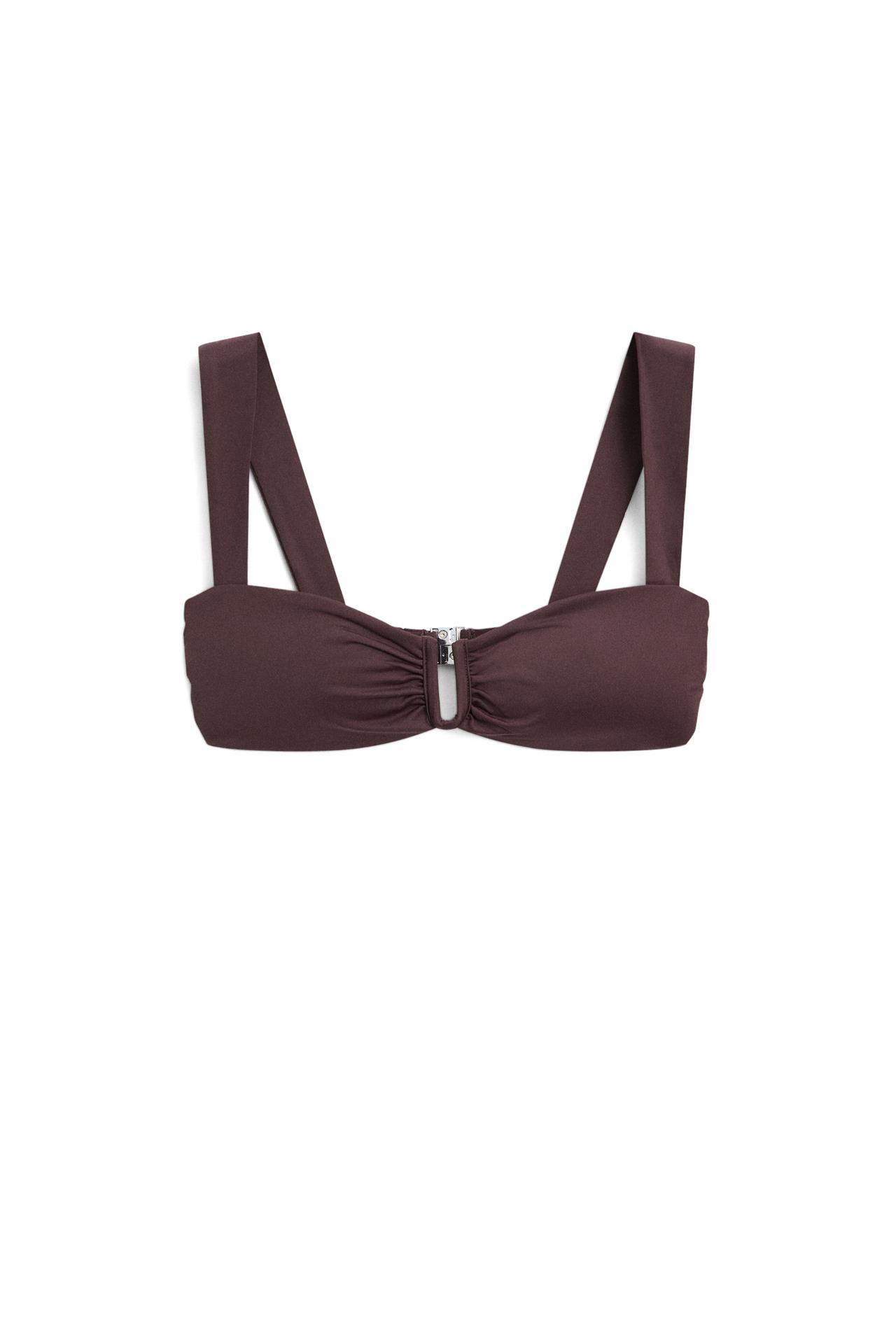 Strappy bikini top with gathered detail — Brown