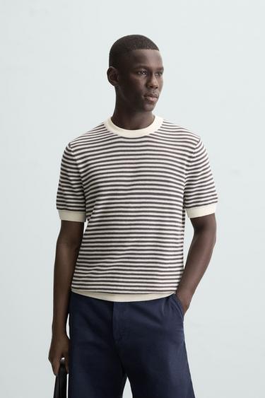 Zara STRIPED OPEN KNIT T-SHIRT - White / Gray