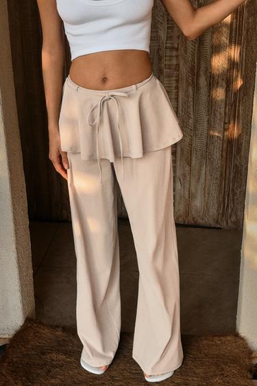 Zara WIDE LEG PANTS WITH WAIST RUCHING - Beige
