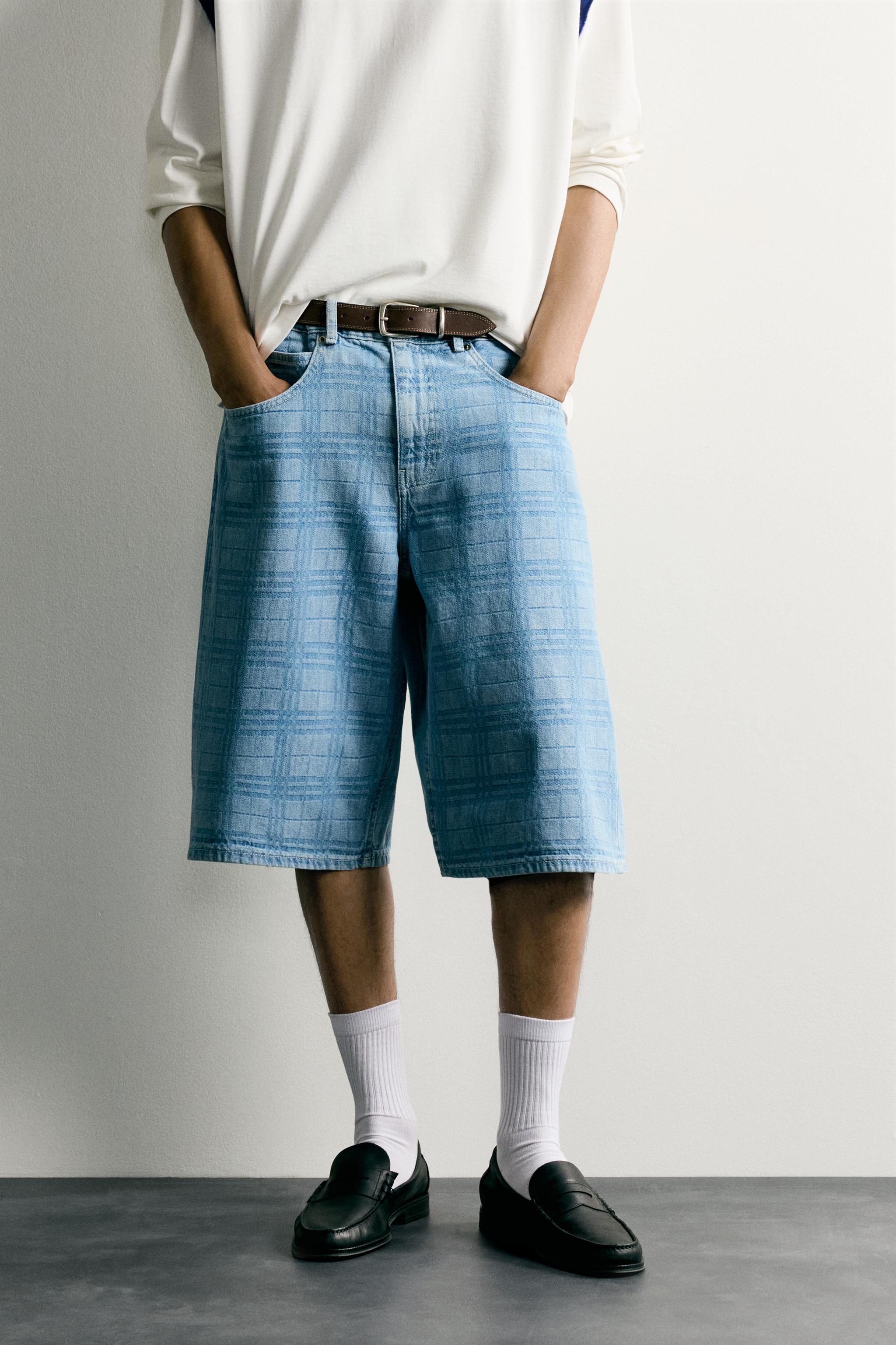 PRINTED WASHED DENIM JORTS — Light blue