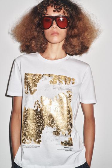 T-SHIRT MET METALLIC BEDRUKKING - Goudgeel van Zara - Afbeelding 0