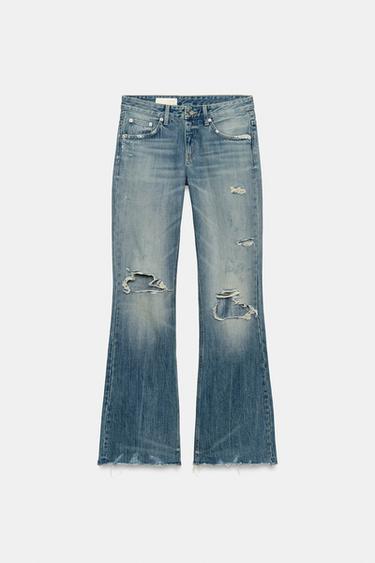 JEANS TRF FLARE بستايل ممزّق بخصر متوسط - أزرق الخاص بـ Zara