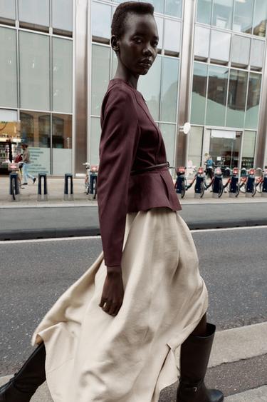 BELTED FAUX SUEDE PEPLUM JACKET - Burgundy by Zara - Image 4