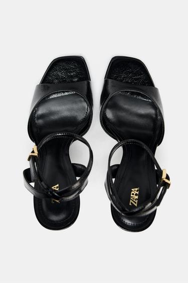 Zara CRACKLED EFFECT HEELED SANDALS - Black