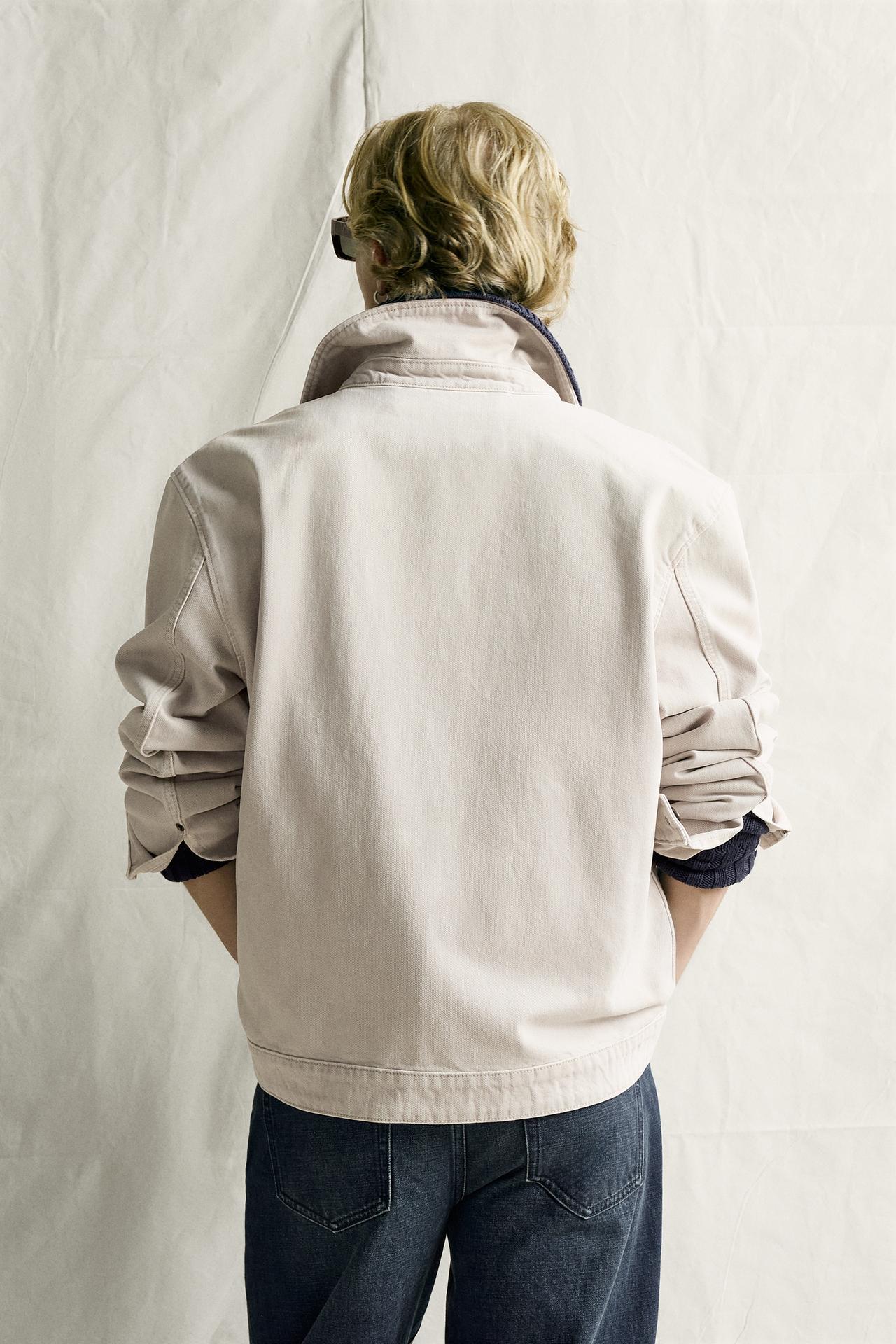 REGULAR FIT DENIM ZIP-UP JACKET — Sand