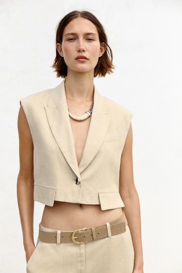 LINEN BLEND SHORT WAISTCOAT - Light beige by Zara