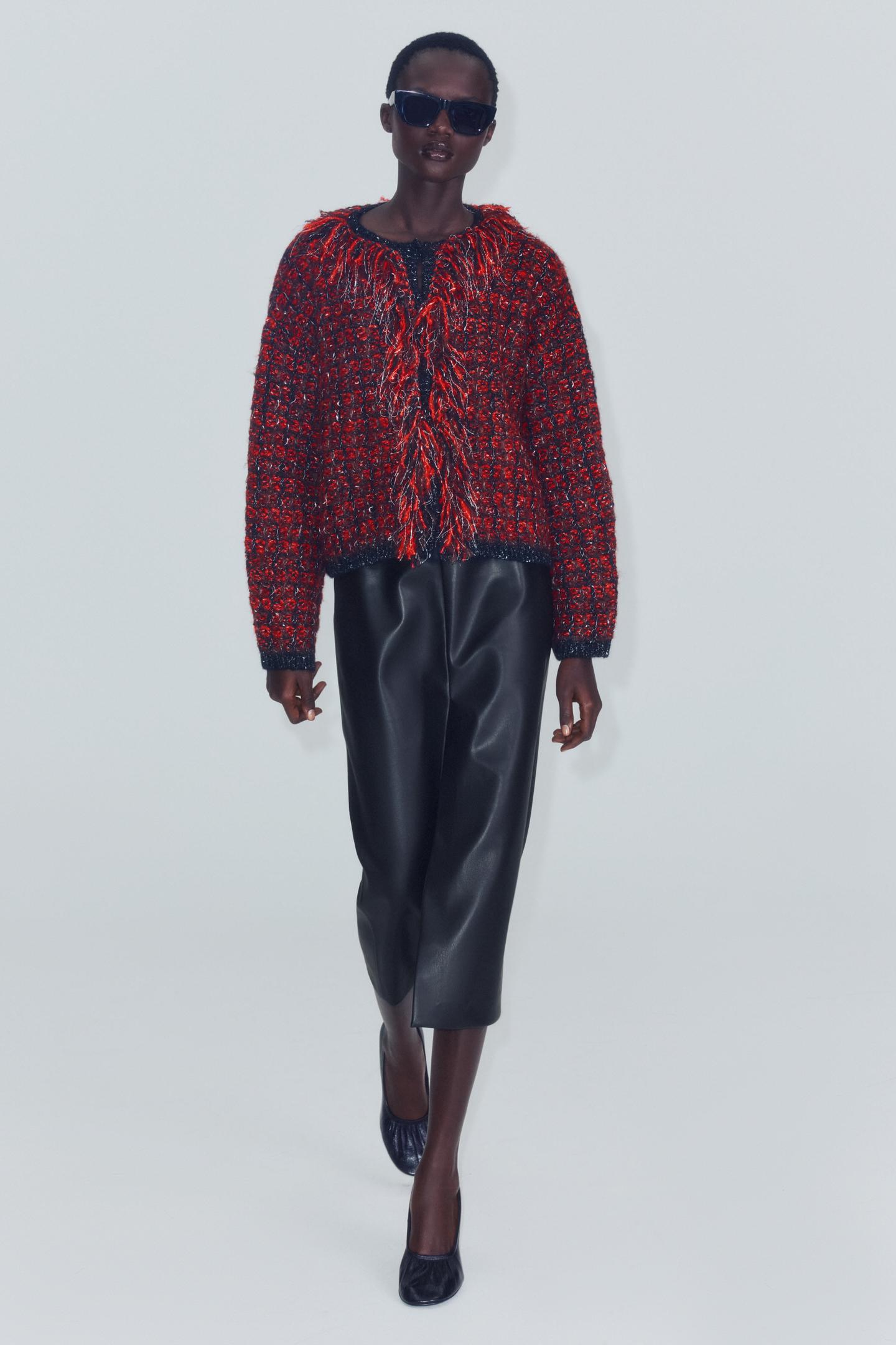 Женский кардиган Zara Structured Fringed, цвет: Красный / Чёрный