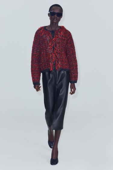 STRUCTURED FRINGED CARDIGAN — Red / Black 2