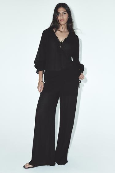 SEMI-SHEER WIDE-LEG TROUSERS - Black by Zara