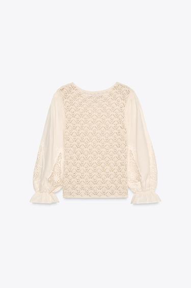 PULL EN MAILLE POINTELLE MANCHES EN MATIÈRES VARIÉES - Écru de Zara - Image 5