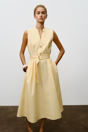 POPLIN MIDI DRESS WITH BELT - Butter by Zara