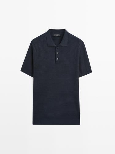Zara Short sleeve cotton and linen blend knit polo shirt - Navy blue - Image 0