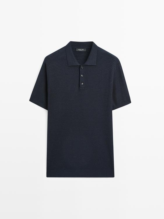 Short sleeve cotton and linen blend knit polo shirt
