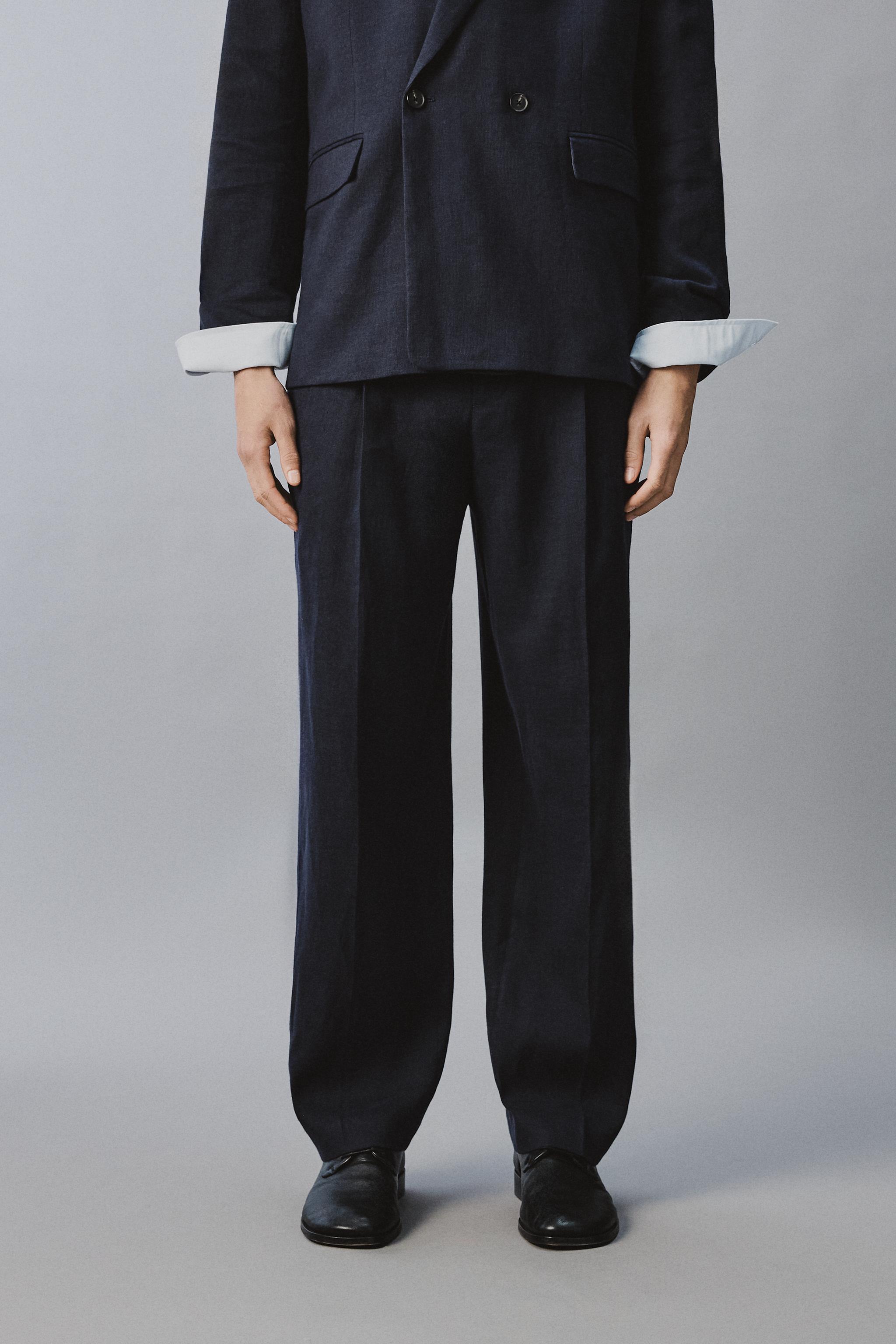 LINEN COTTON BLEND PLEATED SUIT PANTS