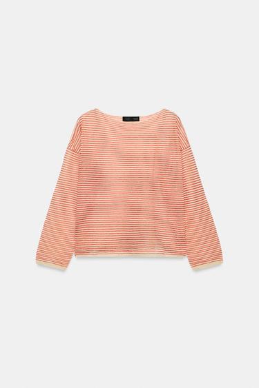 Zara STRIPED FINE KNIT LINEN JUMPER - Ecru / Red