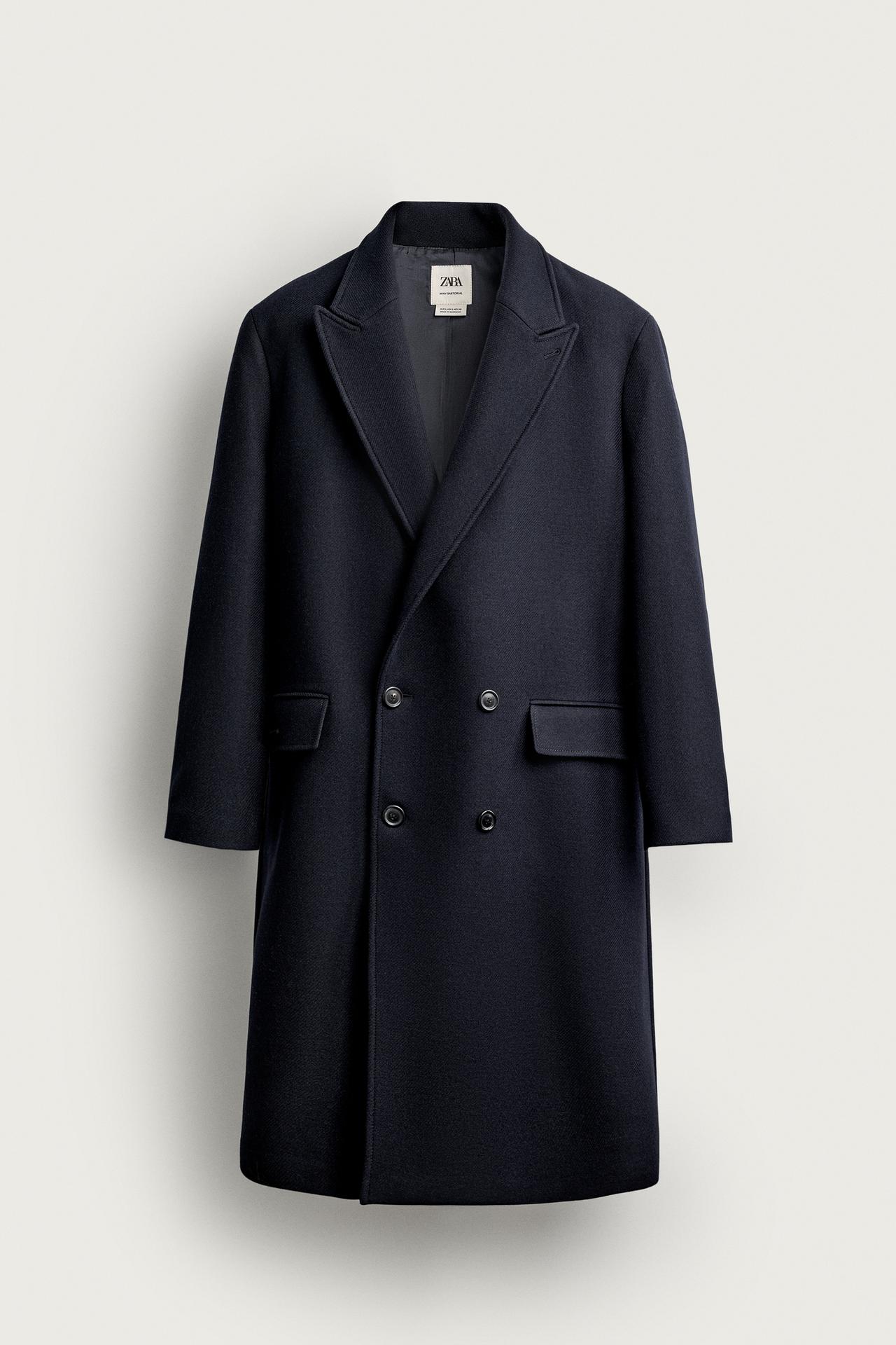 WOOL BLEND DOUBLE-BREASTED COAT — Dark navy