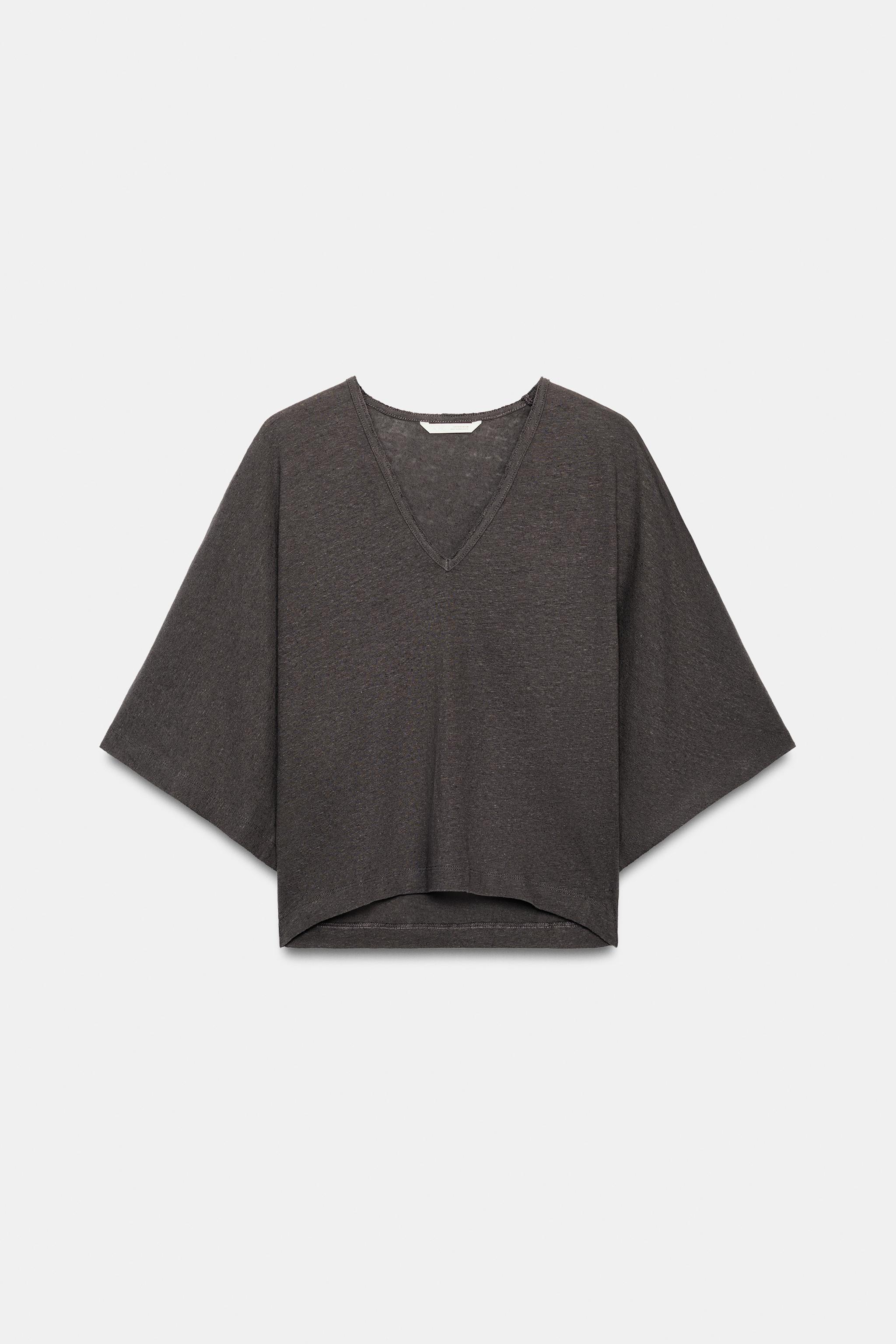 Женские футболки Zara LINEN BLEND V-NECK T-SHIRT — фото 4