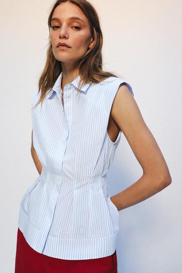 Zara PLEATED SLEEVELESS SHIRT ZW COLLECTION - Blue / White