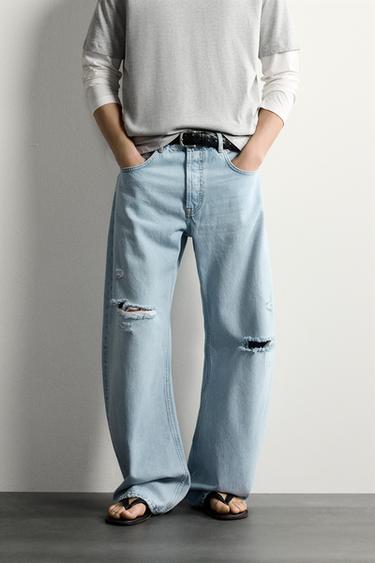 Zara RIPPED BARREL FIT JEANS - Light blue