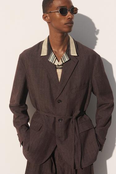 Zara STRIPED VISCOSE - LINEN SUIT JACKET - Dark brown