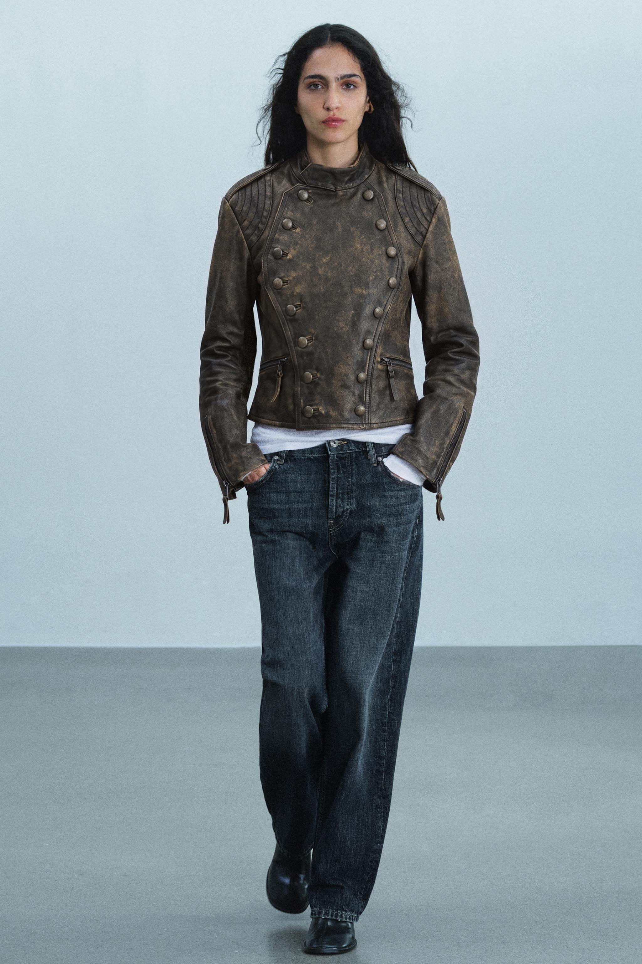 ZW COLLECTION 100% レザーボタンジャケット - ブラウン | ZARA Japan