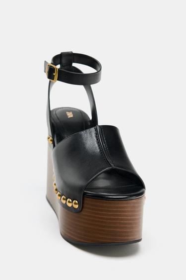 LEATHER WEDGE SANDALS WITH STUDS - Black by Zara - Image 4