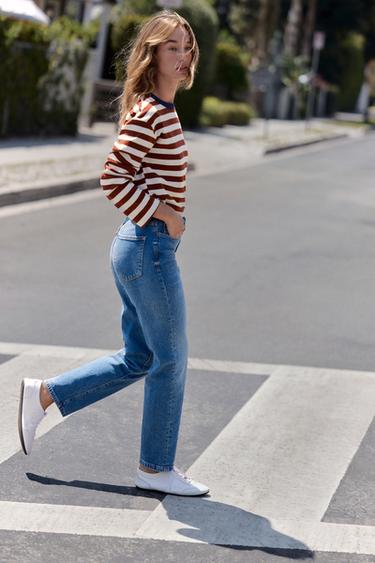 Zara Z1975 HIGH-RISE MOM FIT JEANS WITH CREASE - Mid-blue