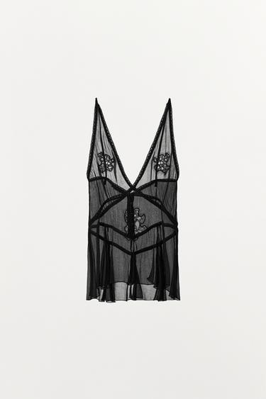 EMBROIDERED GAUZE TOP - Black by Zara - Image 4
