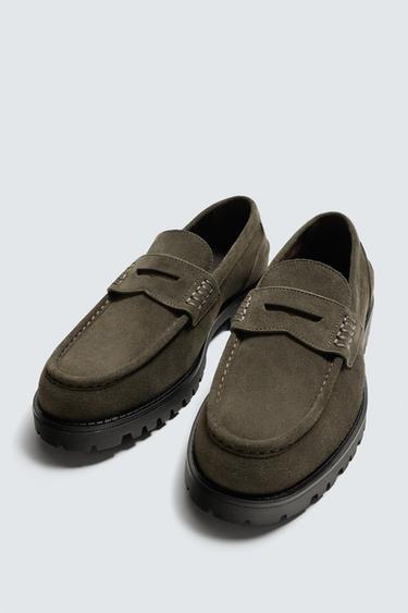 LEATHER PENNY LOAFERS WITH TRACK SOLE - Taupe Grey by Zara - Image 4