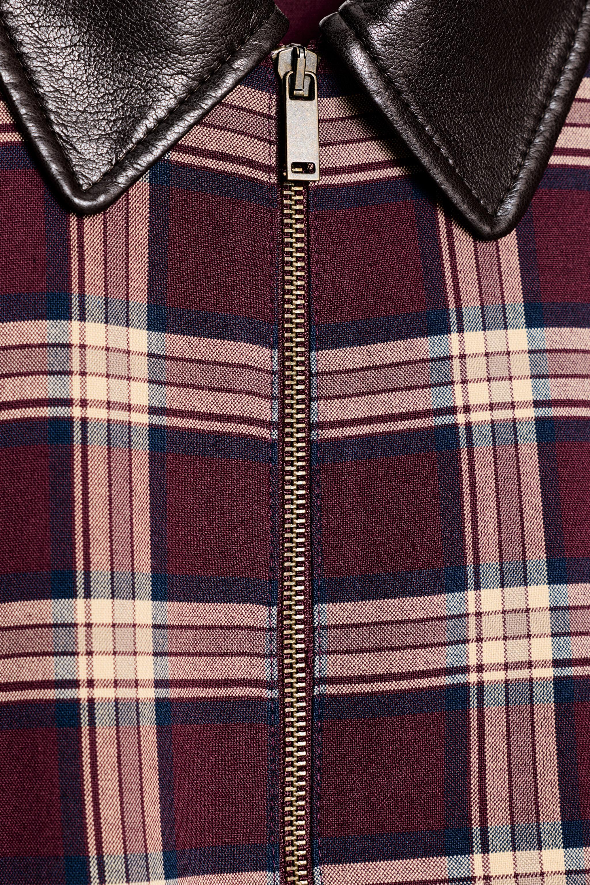 FAUX LEATHER LAPEL CHECK BOMBER JACKET