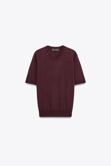 Zara 100% WOOL KNIT SWEATER SHORT SLEEVE - Wine