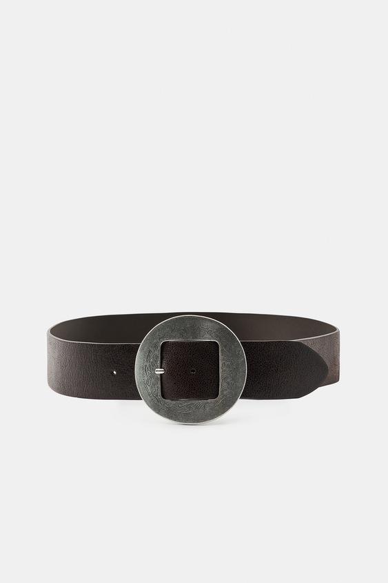 100% LEATHER ROUND BUCKLE BELT - Brown by Zara - Image 0