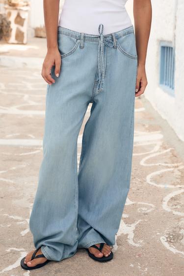 Zara FLOWY DRAWSTRING DENIM PANTS - Light blue