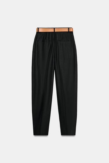 LINEN BLEND CROPPED TROUSERS WITH BELT AND DARTS - Black by Zara