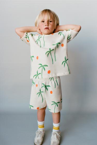 Zara PALM TREE T-SHIRT AND BERMUDA JOGGING SET - Ecru