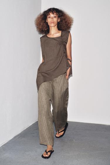 Zara STRIPED LINEN BAGGY PANTS - Brown